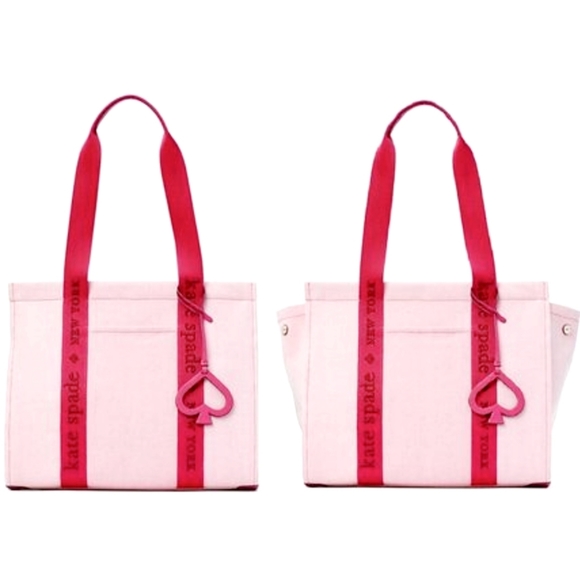 KATE SPADE Pink Kip Large CANVAS TOTE with Spade Charm and Signature Strap - Picture 5 of 17